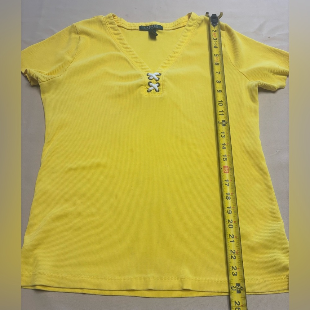 Lauren Ralph Lauren Women's Shirt Sz XL Yellow Lace-Up V-Neck Ribbed Cotton FLAW - Picture 5 of 16